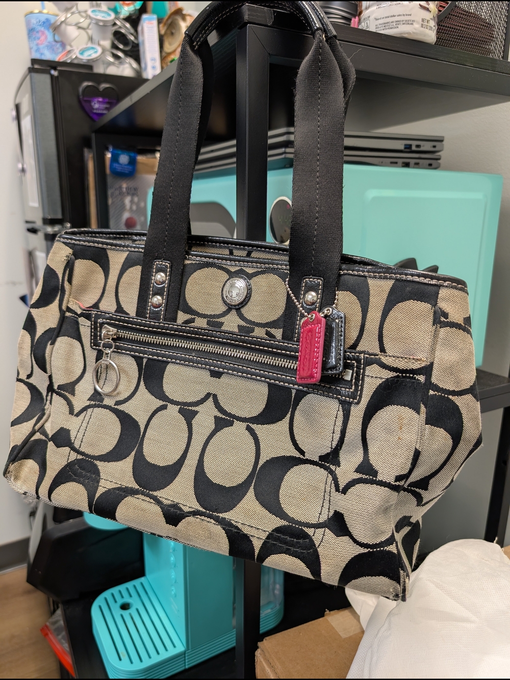 Coach Beige and Black Logo Tote Bag with Pink Tag